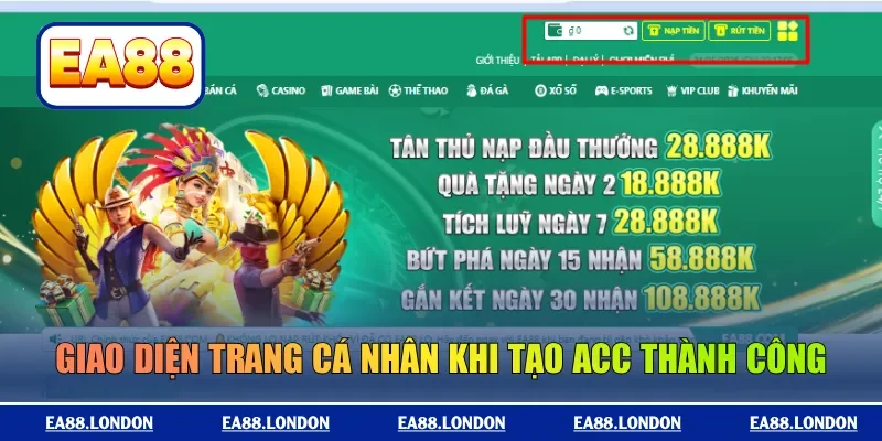 Giao diện trang cá nhân khi tạo acc thành công